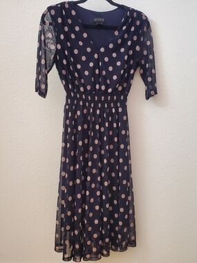 Enfocus Studio Polka Dot Mesh Midi Dress – Navy/Pink – Size 6